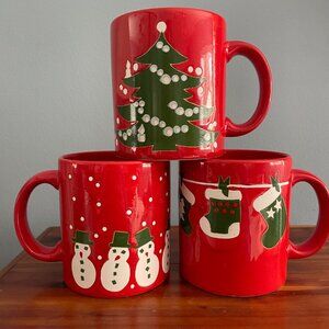 Vintage Waechtersbach Red Christmas Stocking Tree Snowman Ceramic Mugs W Germany